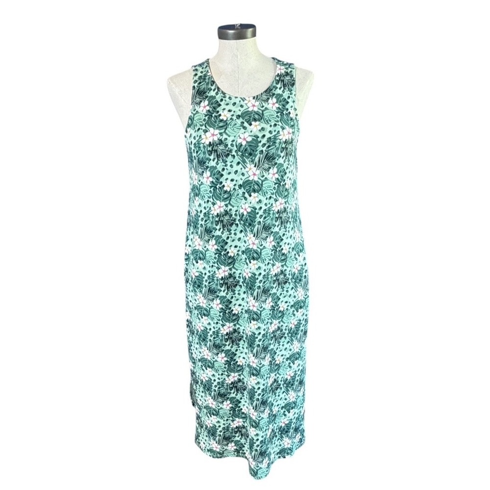 Cynthia Rowley Green Tropical Floral Leopard Midi Dress Sleeveless 9979 Medium‎
